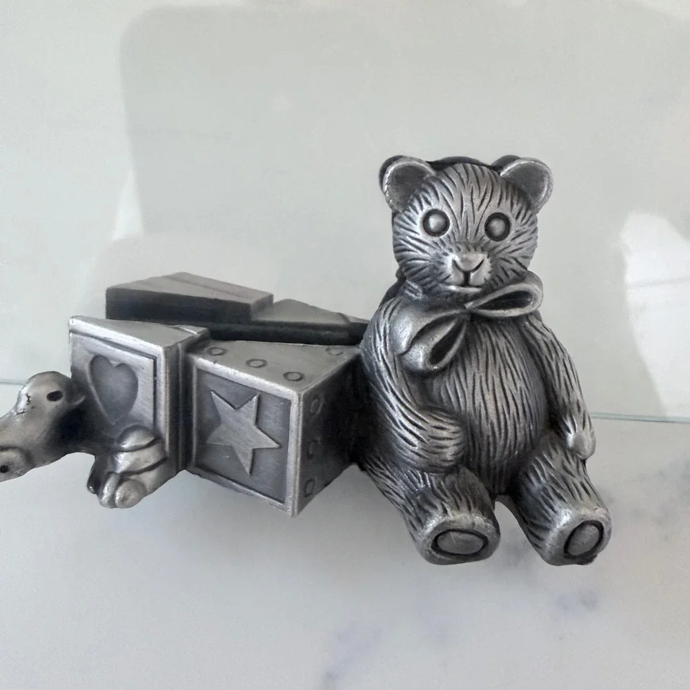 Vintage Pewter Teddy Bear and Blocks 5x7 Floating Glass Picture Frame Nursery